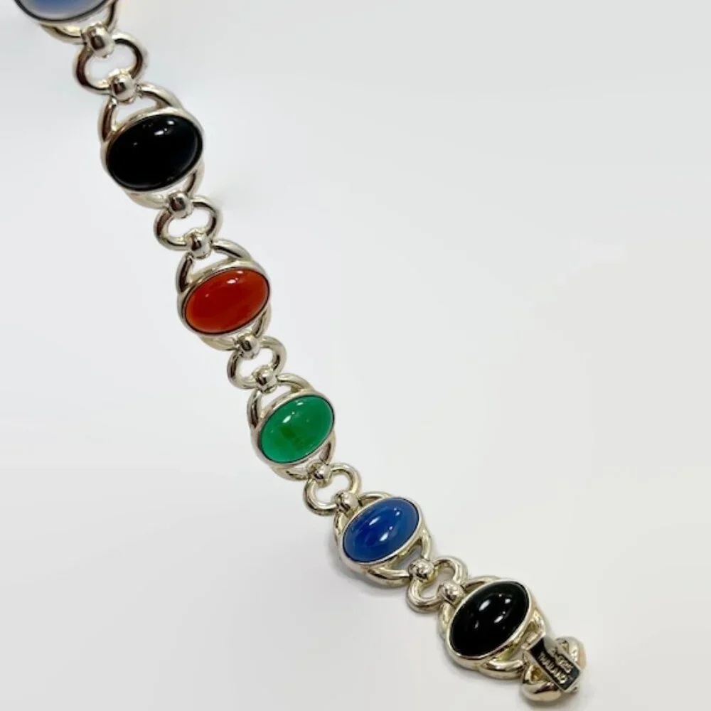 Stone Bracelet, Onyx, Calcedony, Green, Black, Sterling Bracelet, Vintage,Mixed - Picture 3 of 6